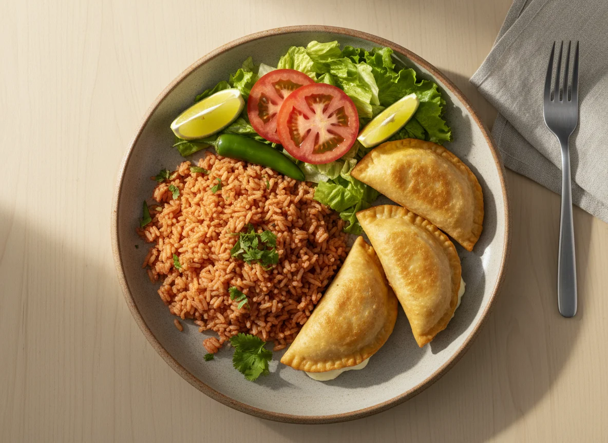 Plato combinado con arroz, empanadas y ensalada photo