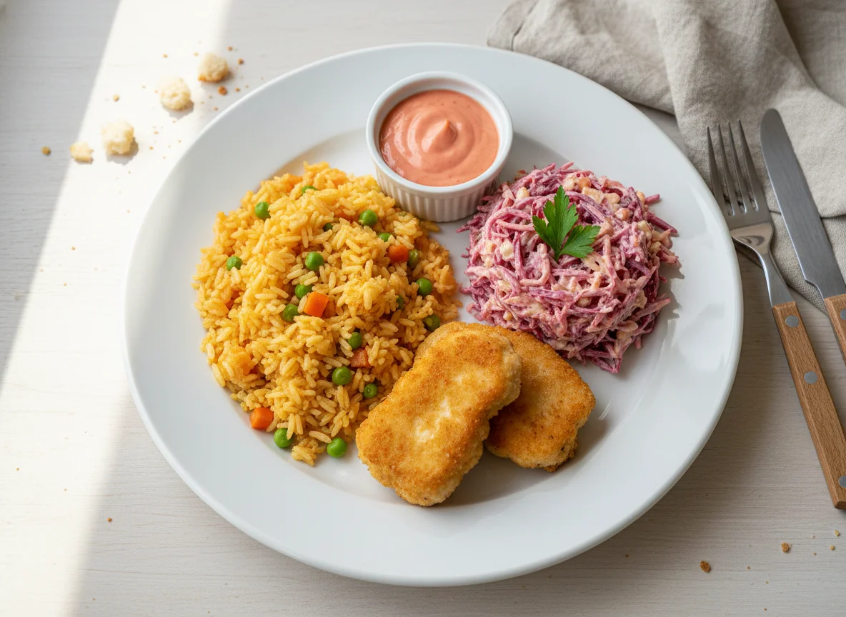 Plato combinado con arroz, ensalada de betarraga y salsa photo