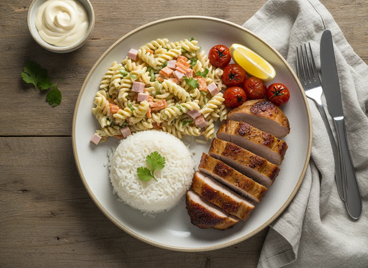 Plato combinado con arroz, ensalada de pasta y carne de cerdo photo