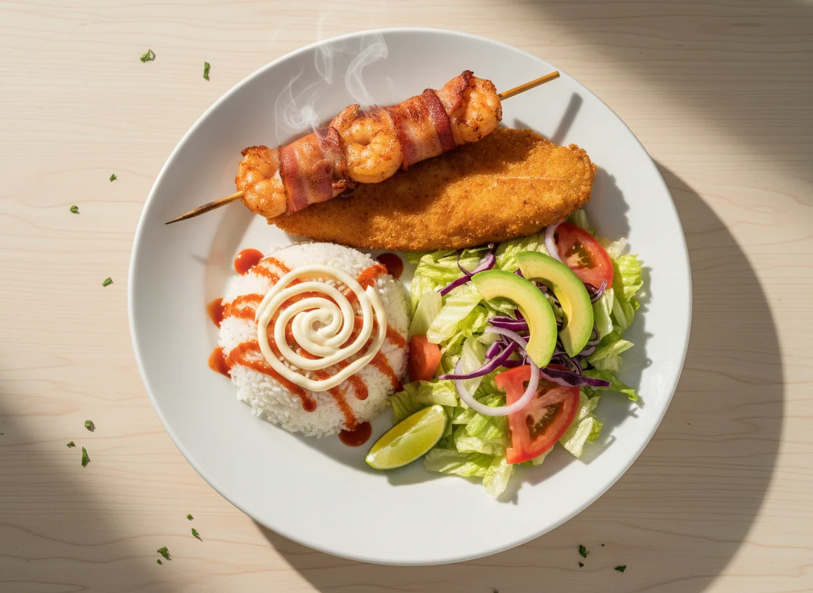 Plato combinado con arroz, ensalada y brochetas photo