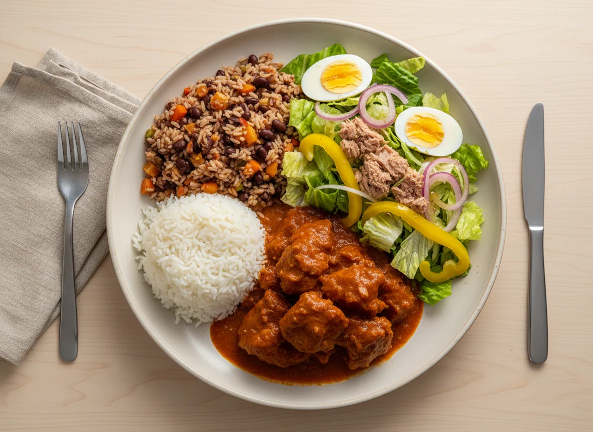 Plato combinado con arroz, ensalada y carne photo