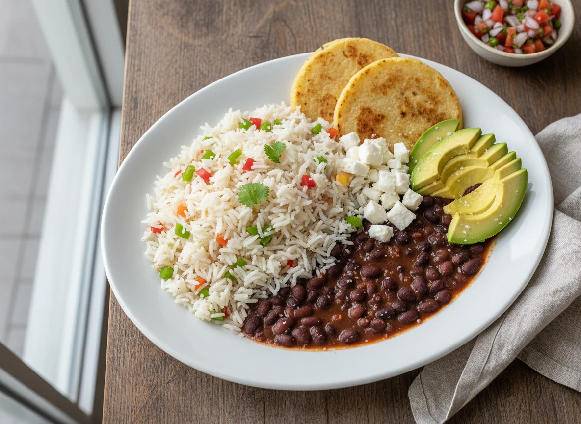 Plato combinado con arroz, frijoles, aguacate y queso photo