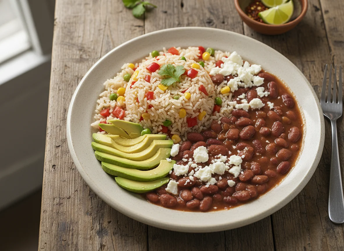 Plato combinado con arroz, frijoles, aguacate y queso fresco photo