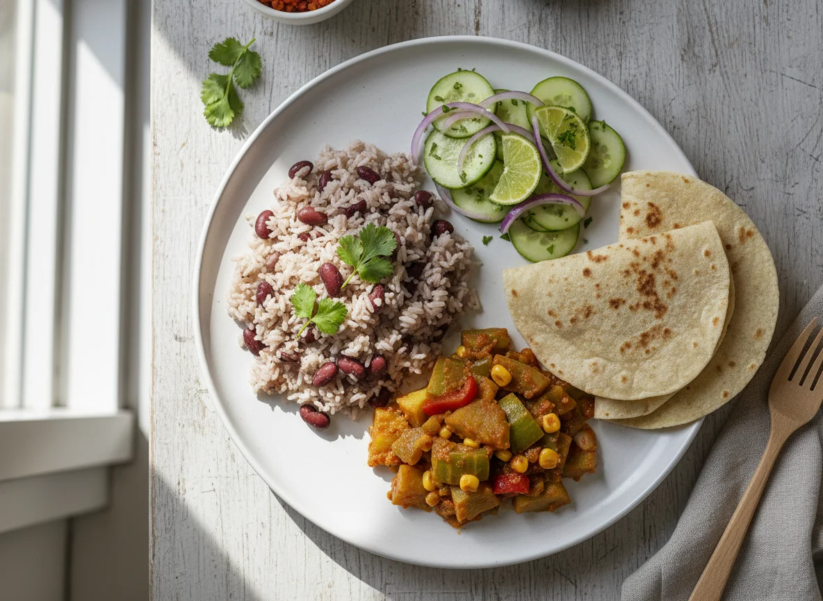 Plato combinado con arroz, frijoles, pepino y tortillas photo