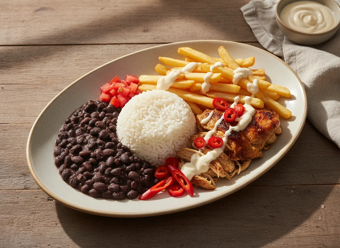 Plato combinado con arroz, frijoles y pollo photo