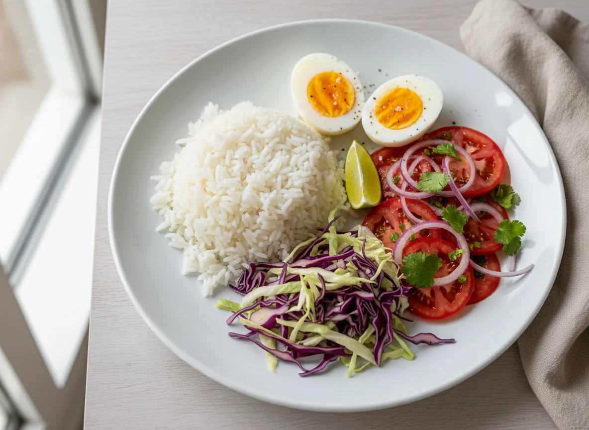 Plato combinado con arroz, huevos duros y ensaladas photo