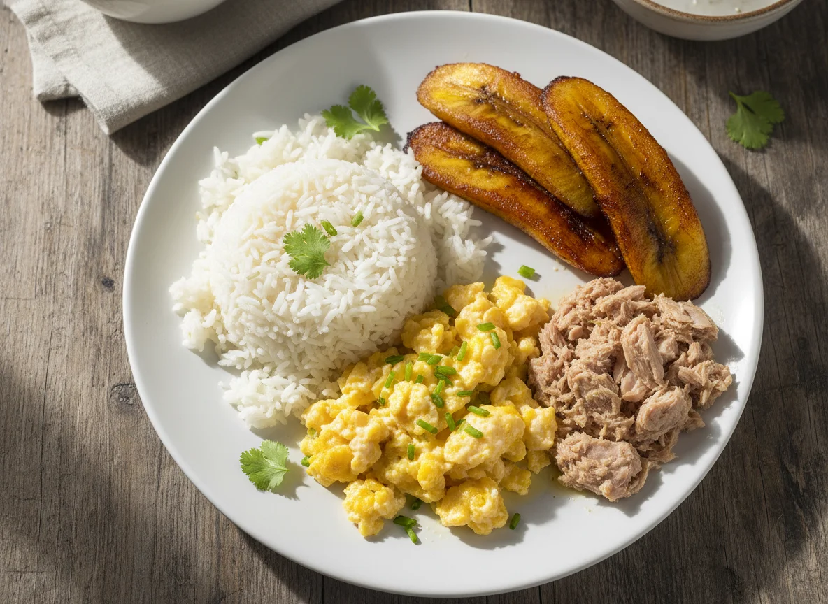 Plato combinado con arroz, huevos revueltos, atún y plátano maduro photo