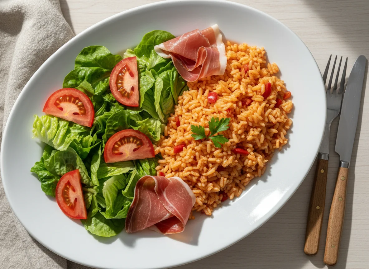 Plato combinado con arroz, lechuga, tomate y jamón photo