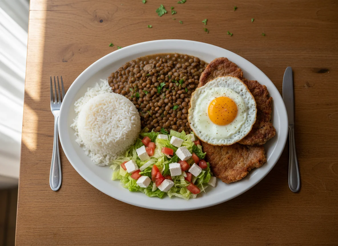Plato combinado con arroz, lentejas, carne y huevo photo