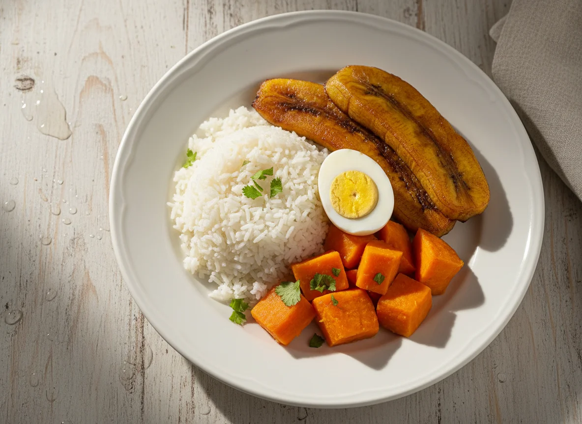 Plato combinado con arroz, plátano, camote y huevo photo
