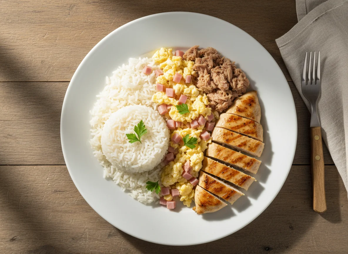 Plato combinado con arroz, pollo, atún y huevos revueltos con jamón photo