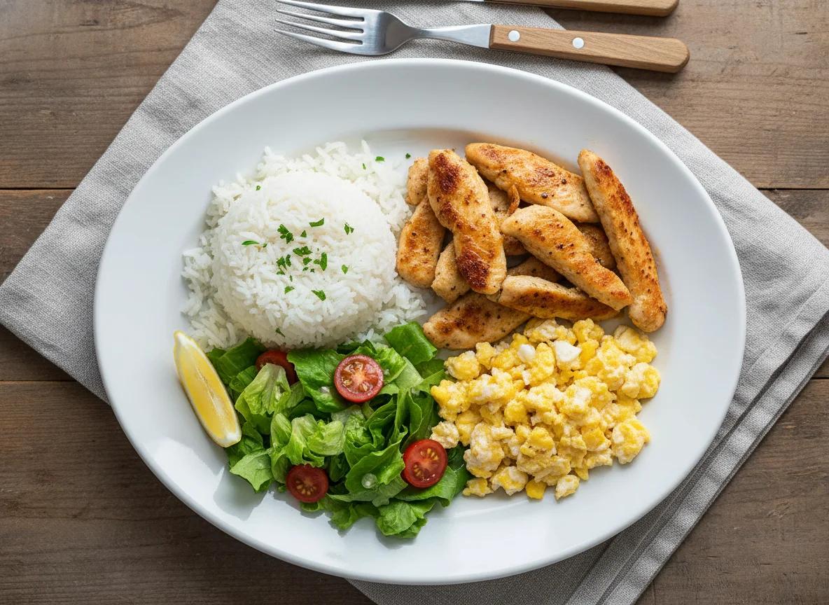 Plato combinado con arroz, pollo, huevo y ensalada photo