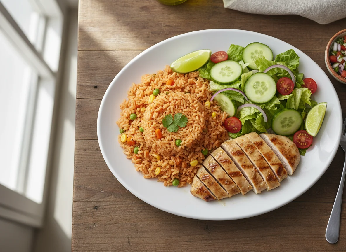 Plato combinado con arroz, pollo y ensalada photo