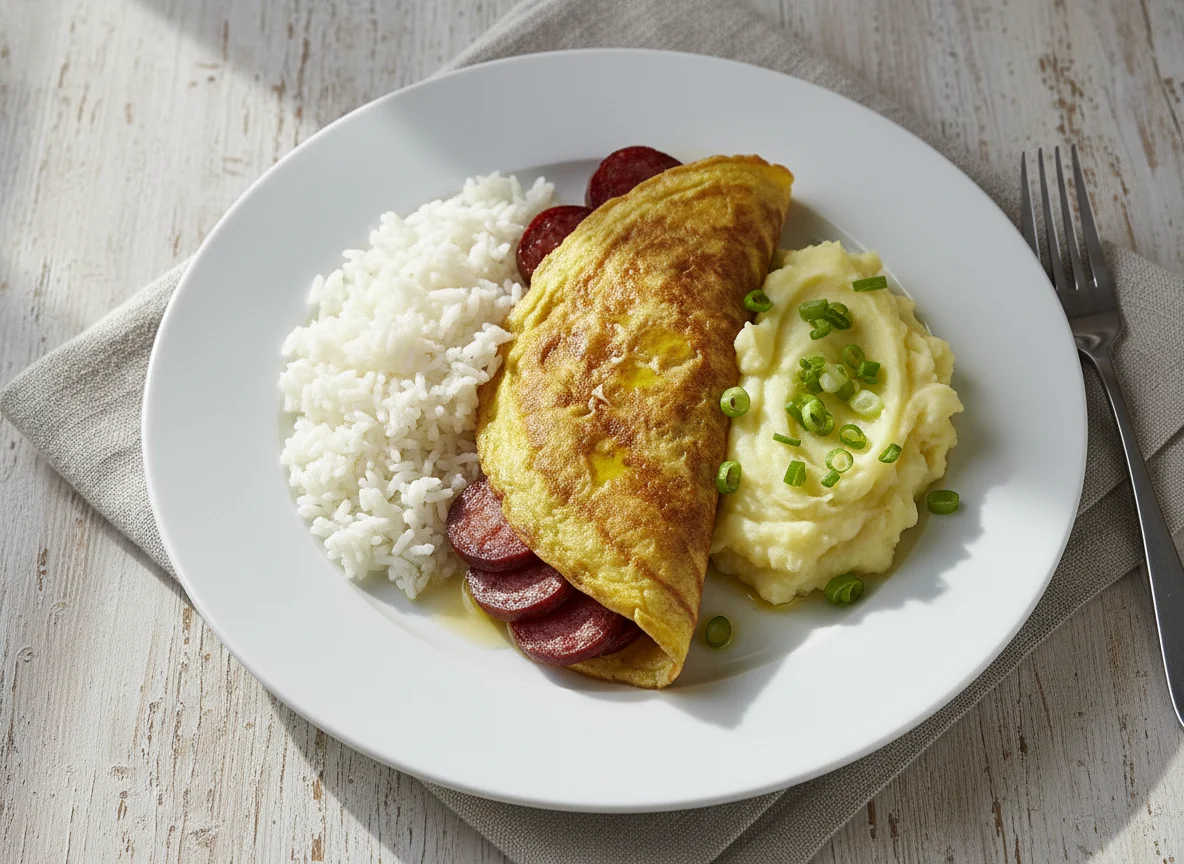 Plato combinado con arroz, puré de papas y tortilla de huevo con salchicha photo