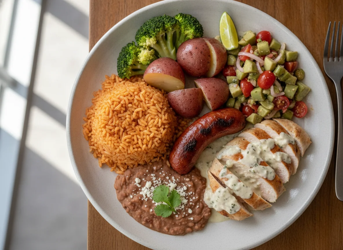 Plato combinado con arroz, salchicha, frijoles y vegetales photo
