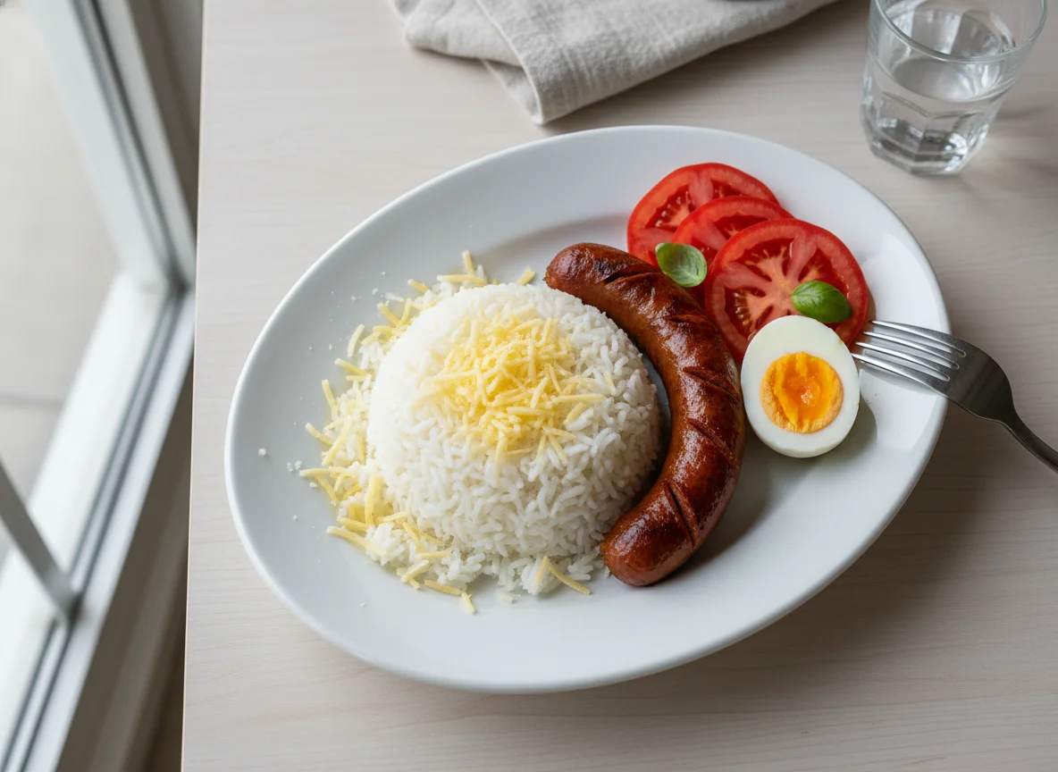 Plato combinado con arroz, salchicha, huevo y tomate photo
