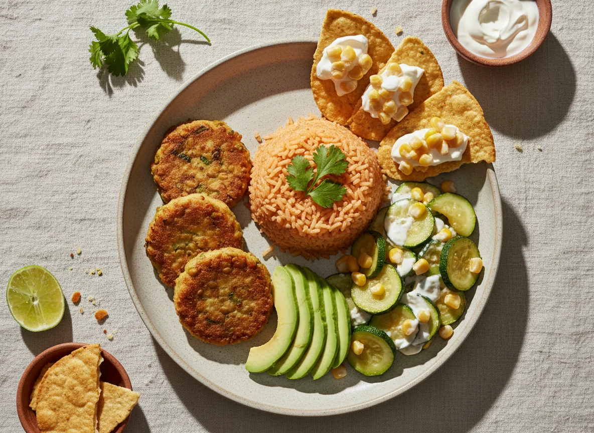 Plato combinado con arroz, tortitas de vegetales y calabacitas photo