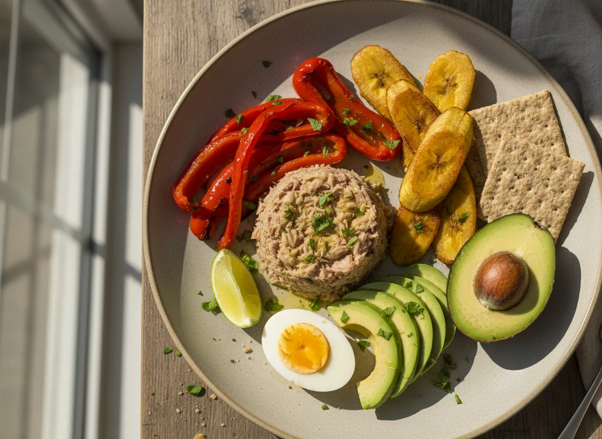 Plato combinado con atún, pimientos, aguacate, huevo y plátano photo