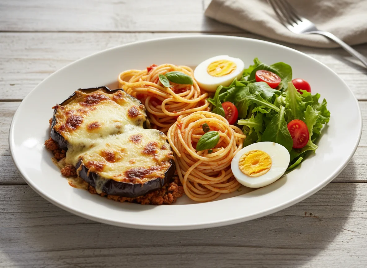Plato combinado con berenjena gratinada, pasta, ensalada y huevo cocido photo