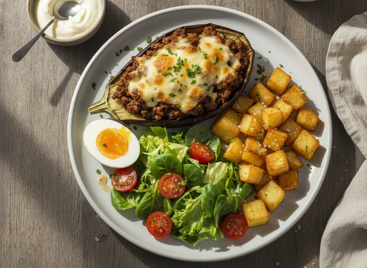 Plato combinado con berenjena rellena, patatas, huevo y ensalada photo