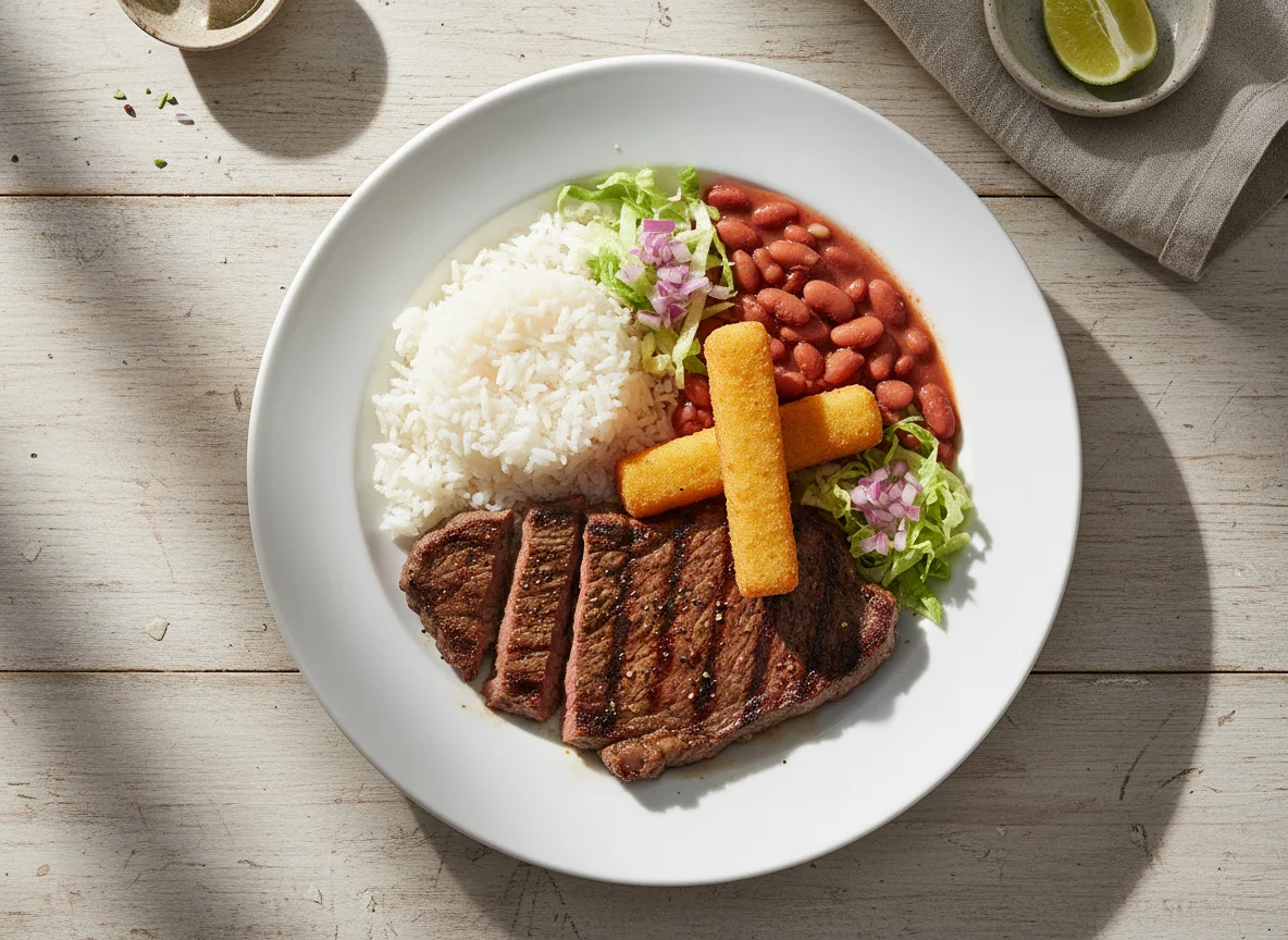 Plato combinado con bistec, frijoles, arroz y palito de queso photo