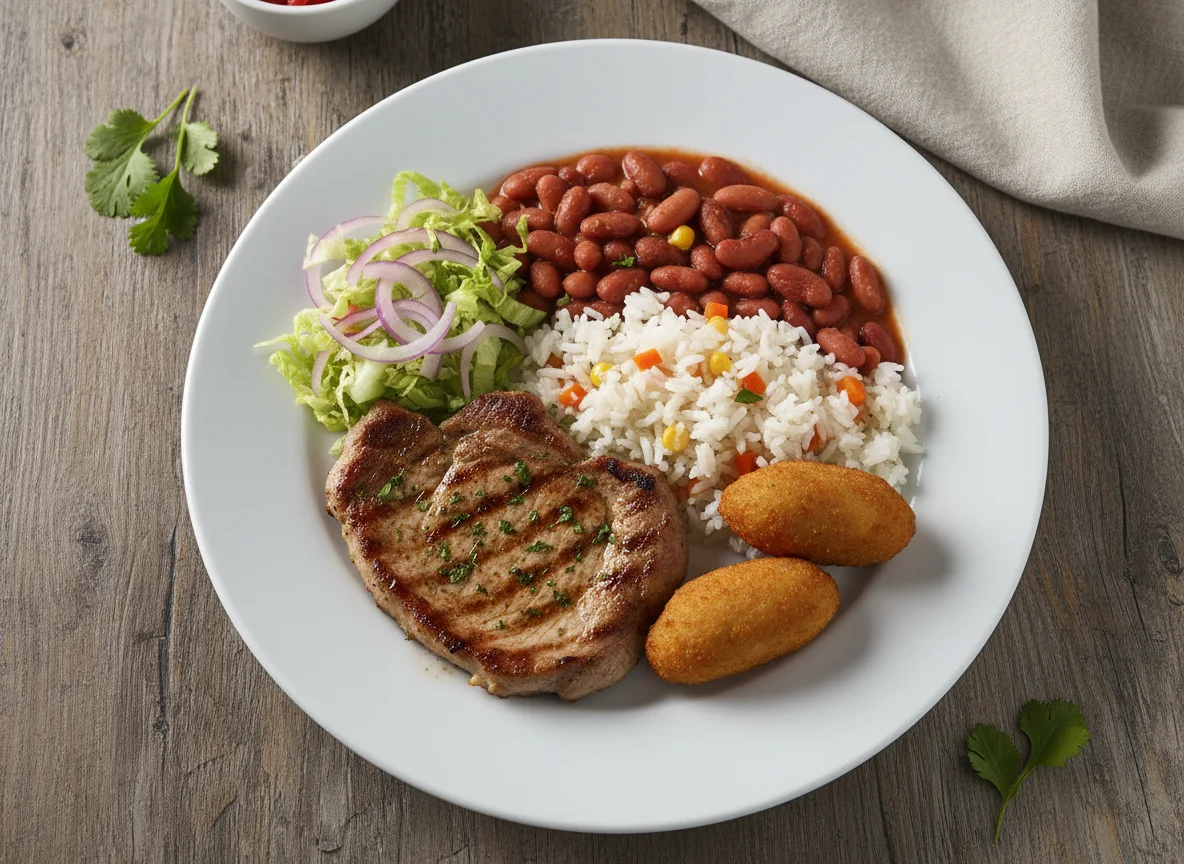 Plato combinado con bistec, porotos, arroz y croqueta de pescado photo