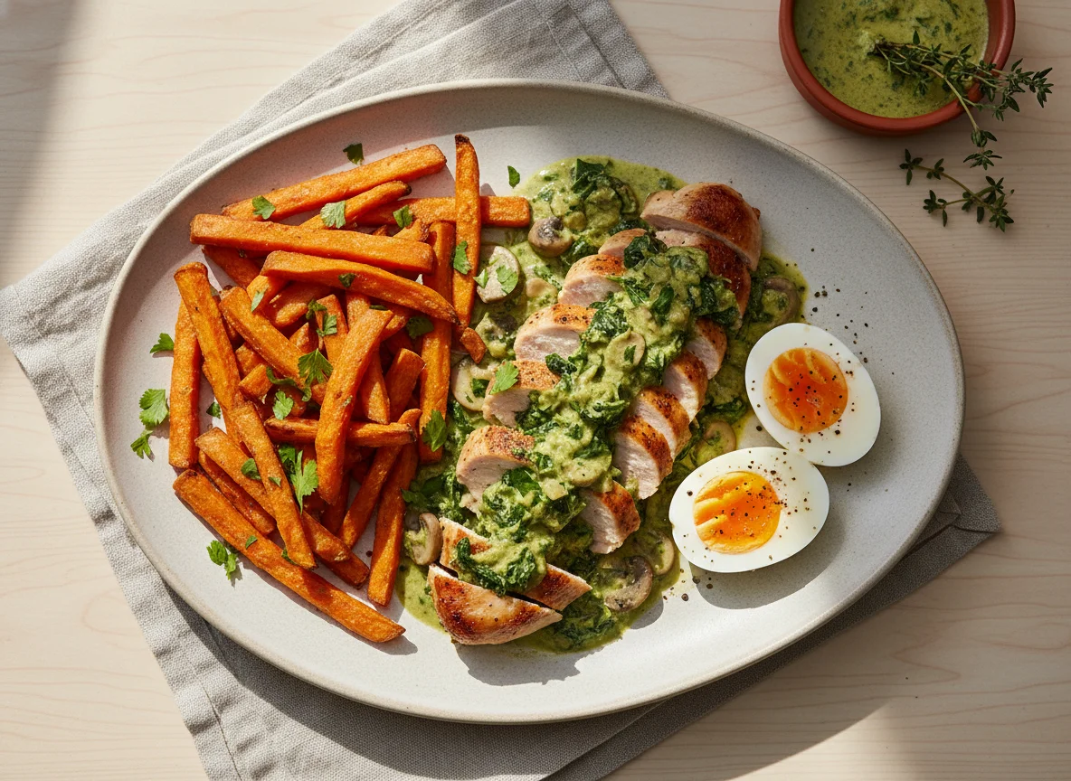 Plato combinado con boniato, pollo en salsa y huevos cocidos photo