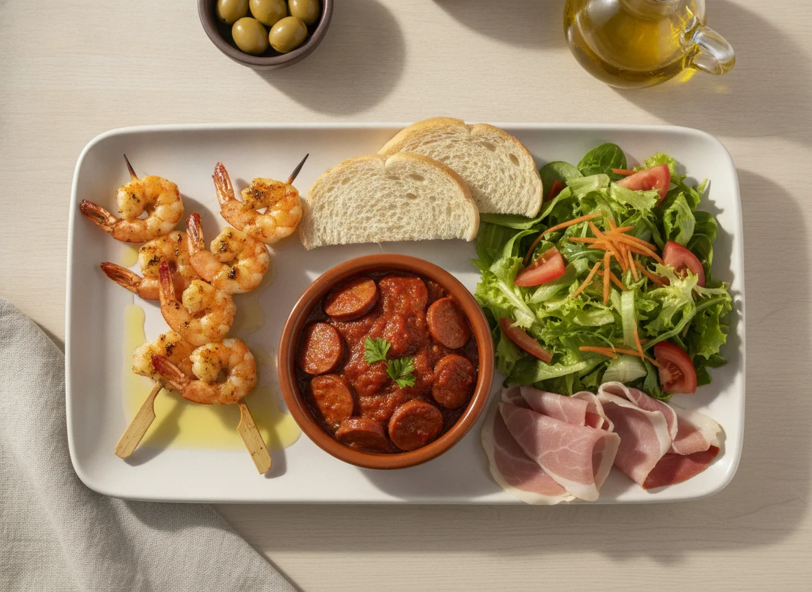 Plato combinado con brochetas de gambas, salchichas en salsa y ensalada photo