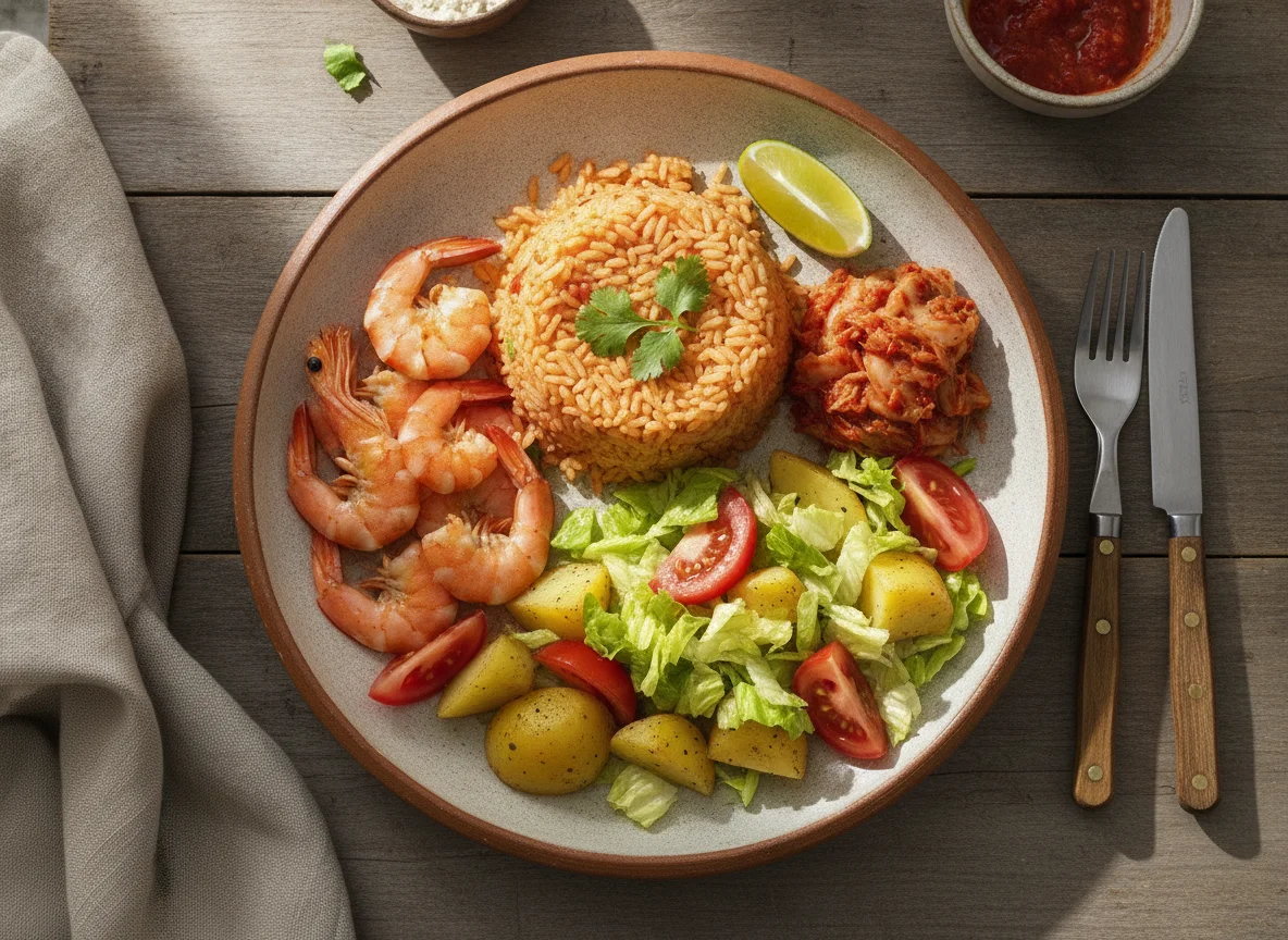 Plato combinado con camarones, arroz y ensalada photo