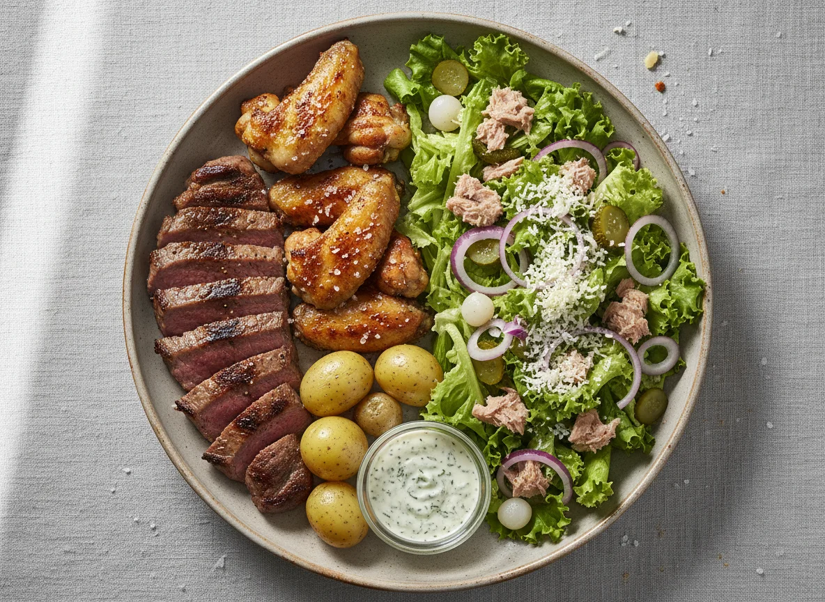 Plato combinado con carne, alitas de pollo y ensalada photo