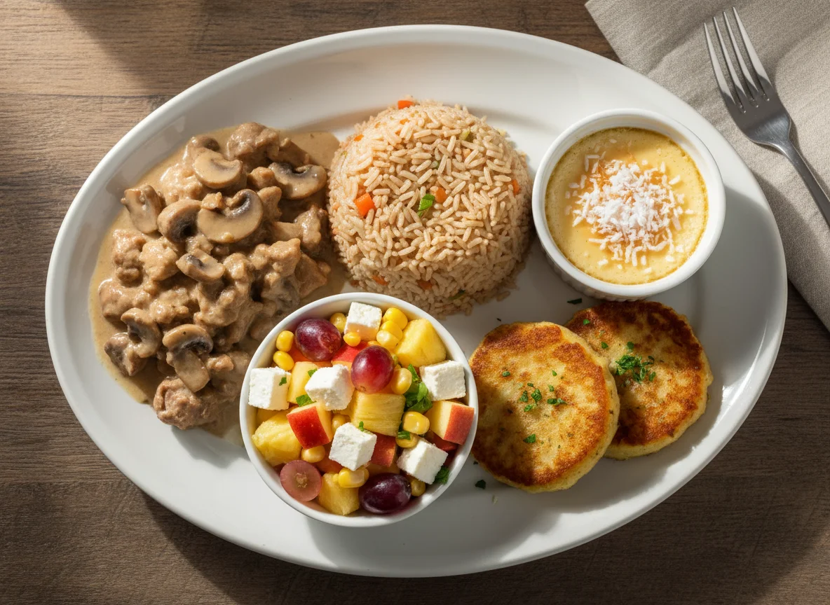 Plato combinado con carne, arroz, ensalada de frutas y pastel de papa photo
