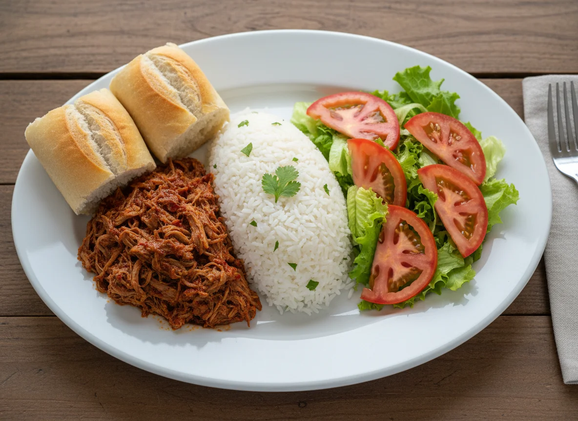 Plato combinado con carne, arroz, ensalada y pan photo