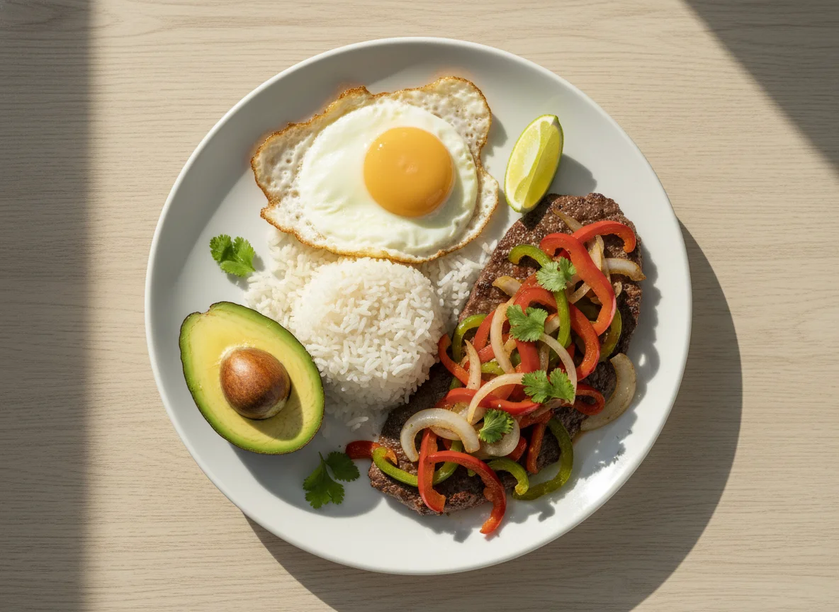 Plato combinado con carne, arroz, huevo y aguacate photo