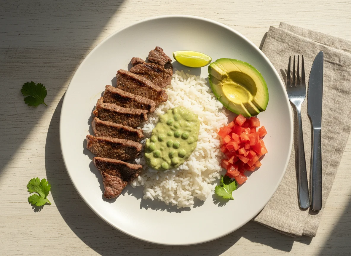 Plato combinado con carne, arroz, palta y salsa de arvejas photo