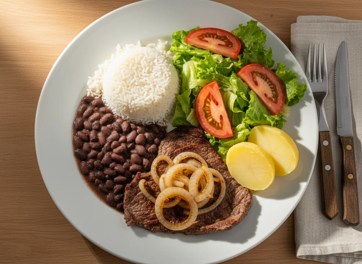 Plato combinado con carne, arroz, porotos y ensalada photo