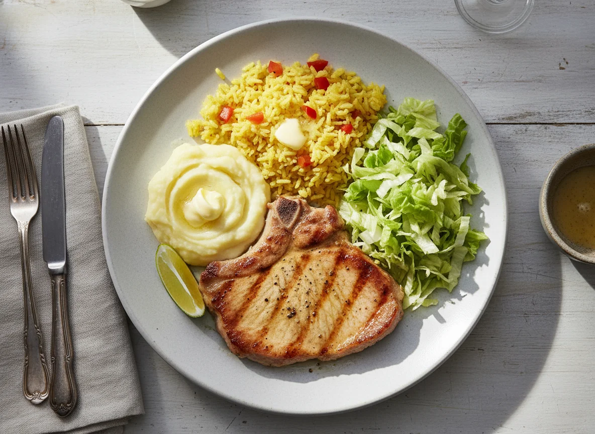 Plato combinado con carne, arroz, puré y lechuga photo