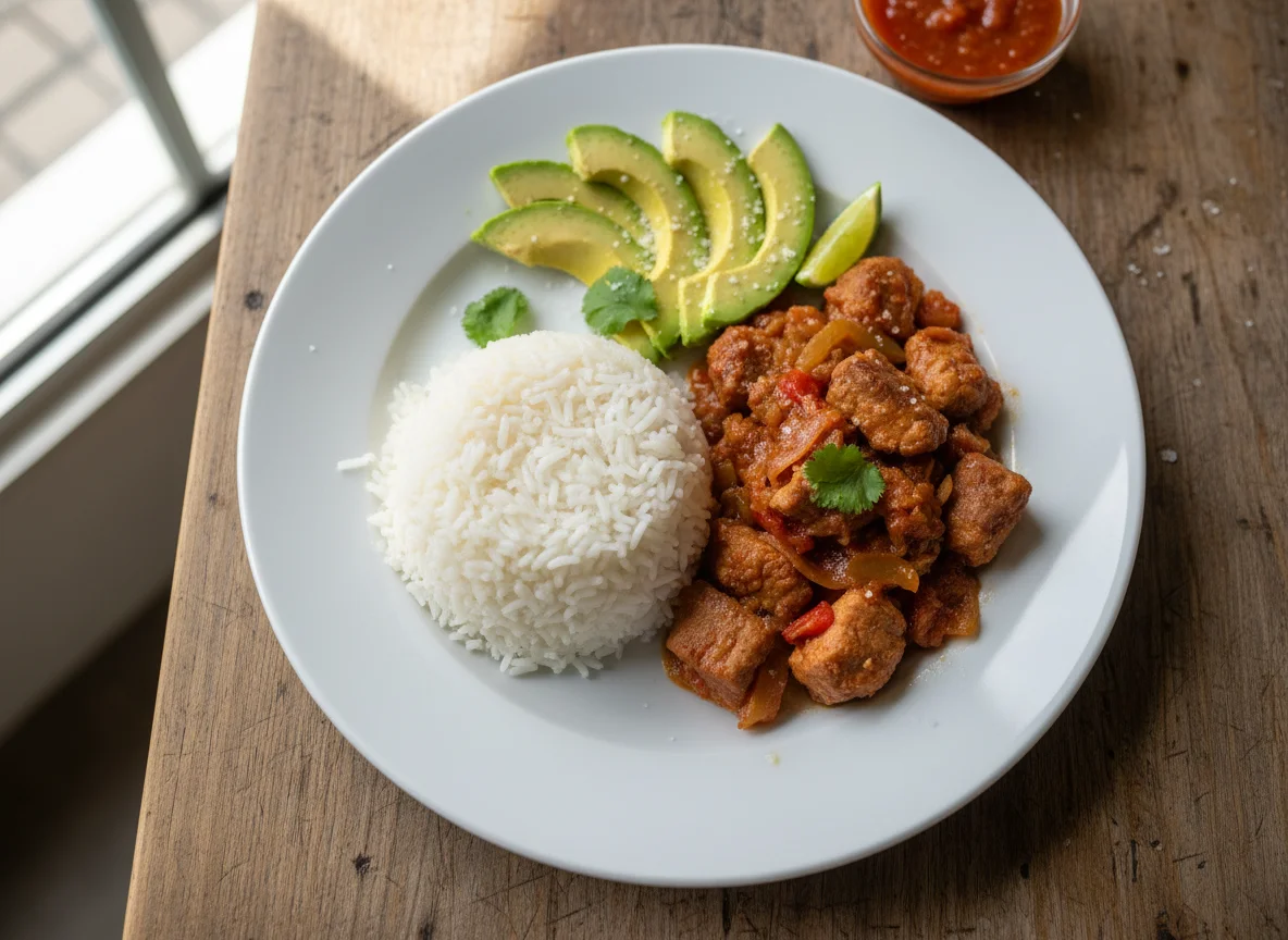 Plato combinado con carne, arroz y aguacate photo
