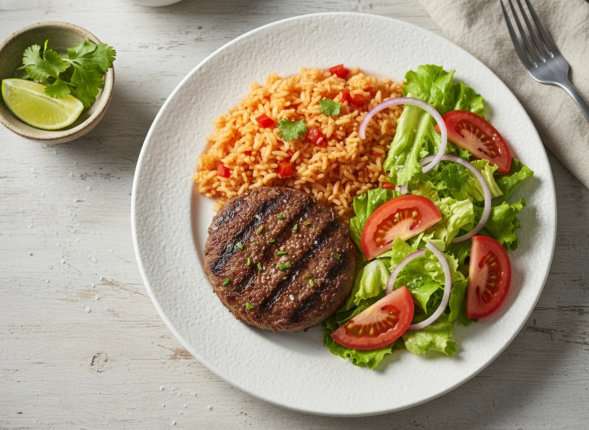 Plato combinado con carne, arroz y ensalada photo