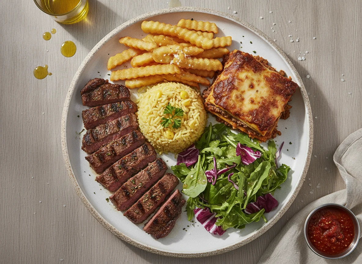 Plato combinado con carne asada, ensalada y guarniciones photo