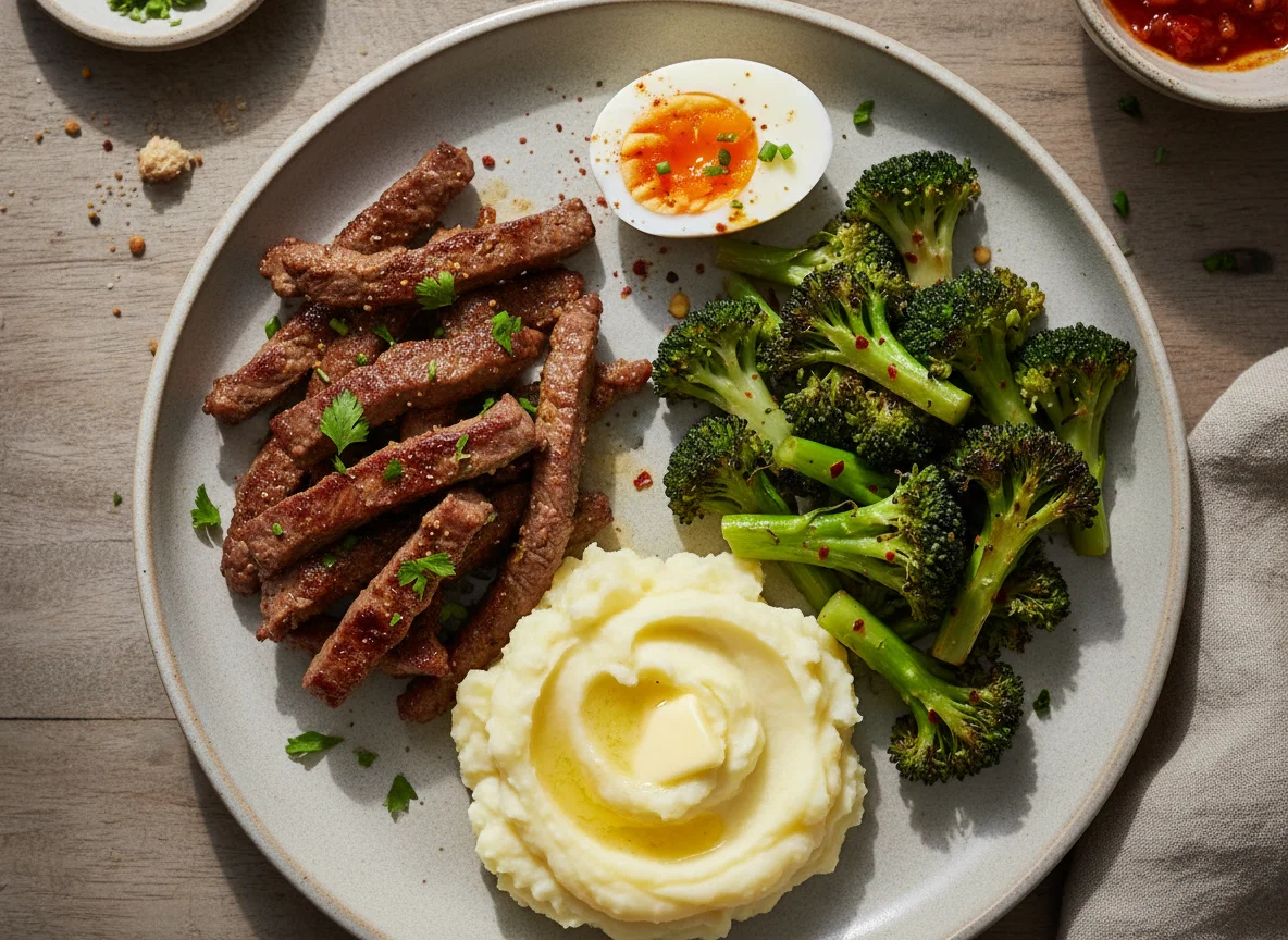 Plato combinado con carne, brócoli, puré de papa y huevo cocido photo