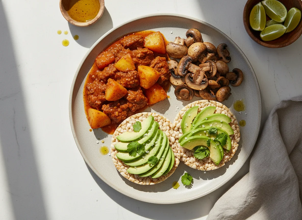 Plato combinado con carne, champiñones y tostada de arroz con aguacate photo