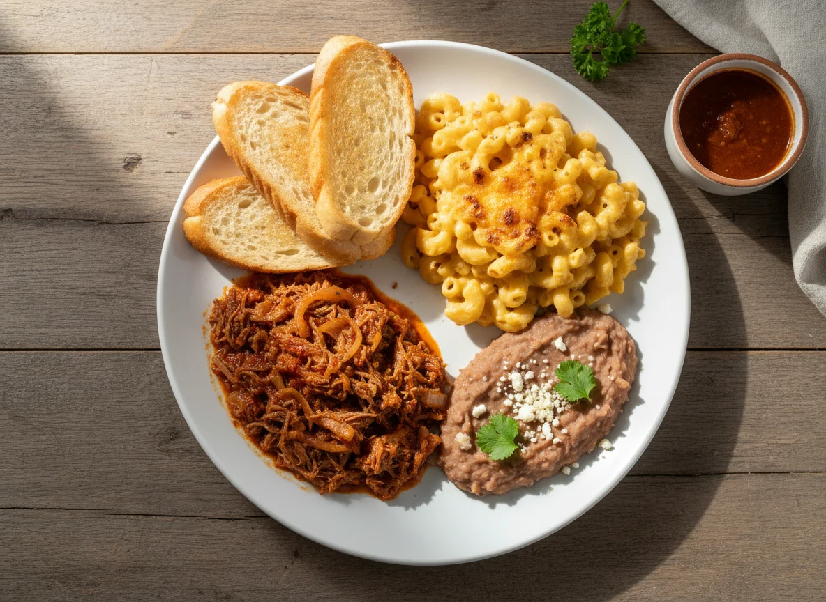 Plato combinado con carne deshebrada photo