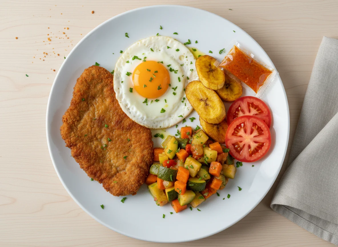 Plato combinado con carne empanada, huevo frito y verduras photo
