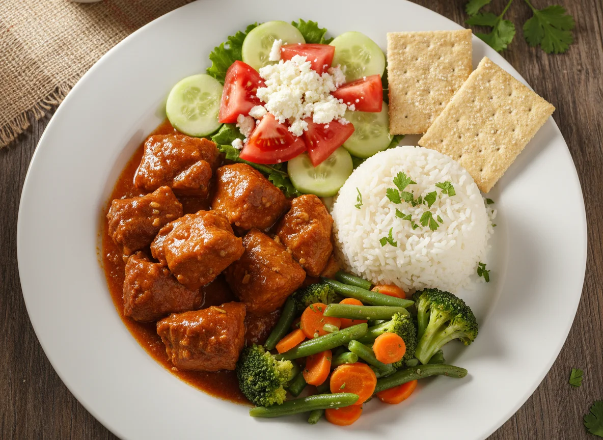 Plato combinado con carne en salsa, arroz, verduras y ensalada photo