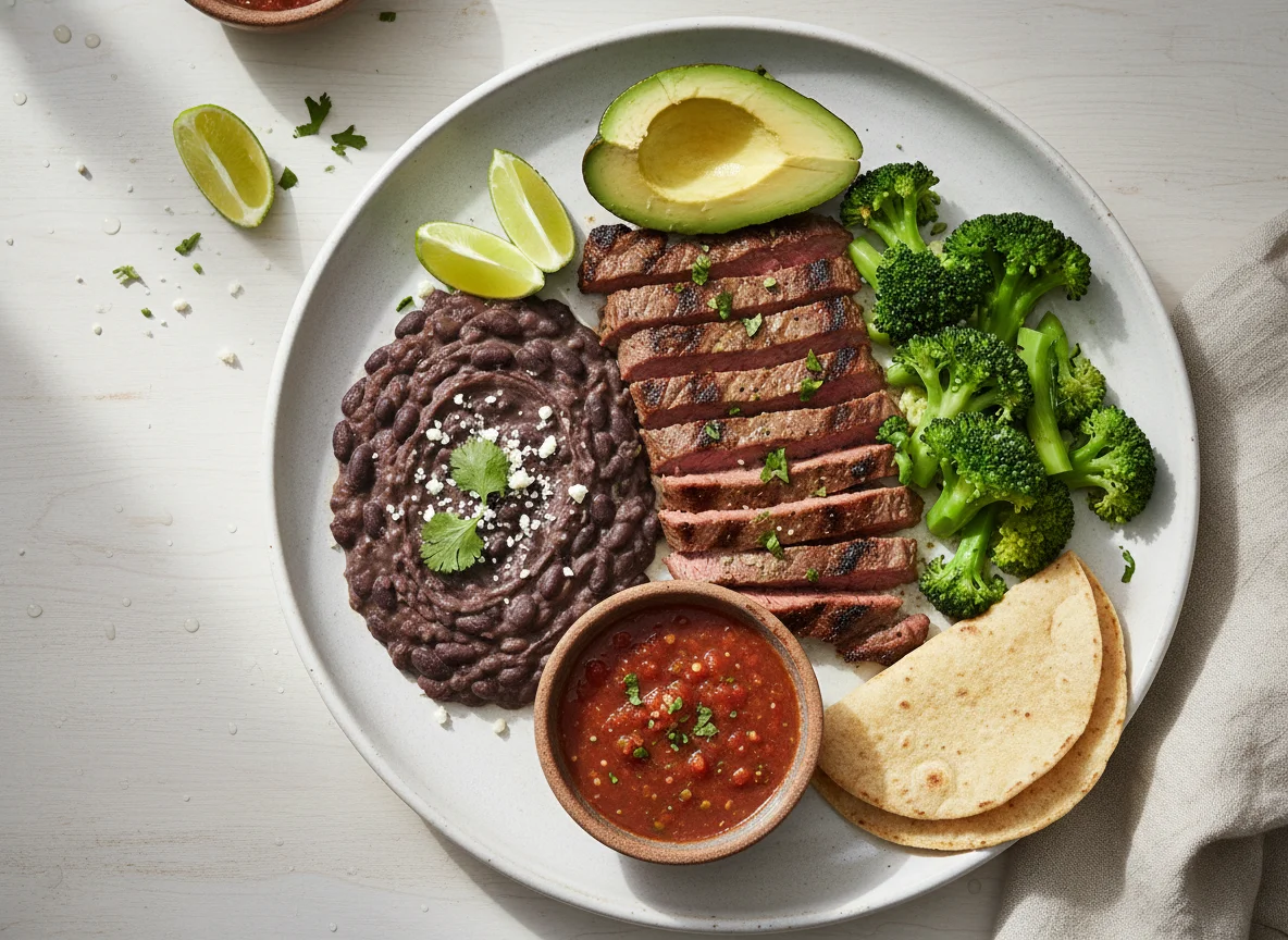 Plato combinado con carne, frijoles, brócoli y aguacate photo