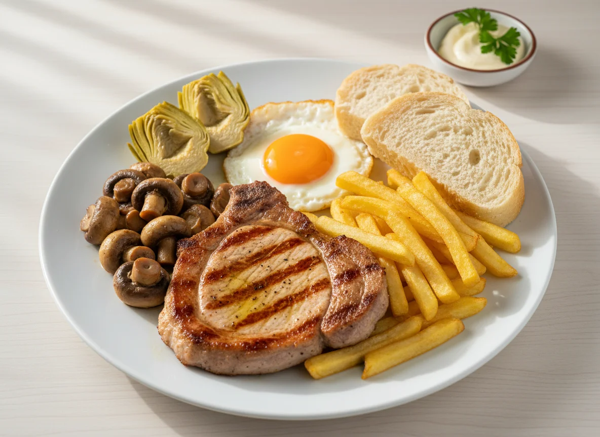 Plato combinado con carne, huevo, patatas fritas y alcachofas photo
