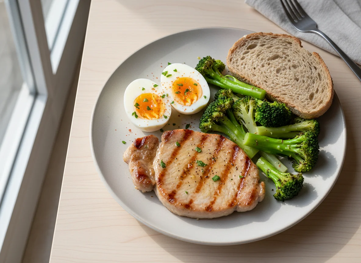 Plato combinado con carne, huevos, brócoli y pan photo