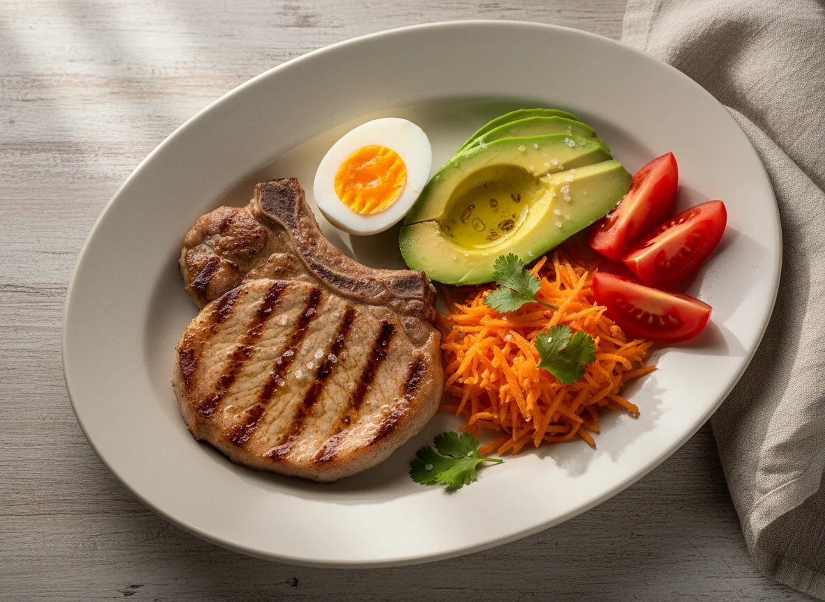 Plato combinado con carne, huevos, palta y ensalada photo