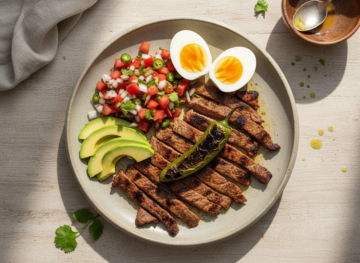 Plato combinado con carne, huevos y pico de gallo photo