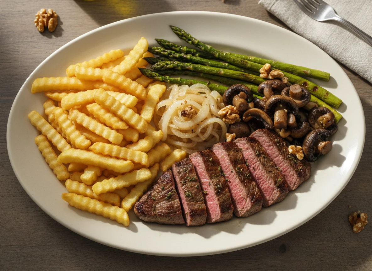 Plato combinado con carne, patatas fritas y verduras photo